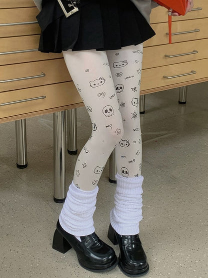 ホワイトのスイートキティハートスタープリントカートゥーンタイツ