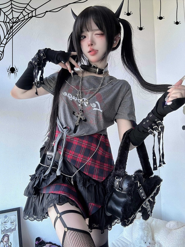 プリント アシンメトリー ネックライン レター Y2K ブラック グラマラス Tシャツ