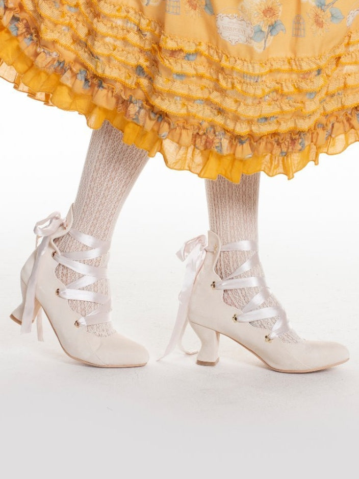 Toe Lacing Design Heels Velvet Delicate with Lolita Beige Graceful for Fashion Pointed -