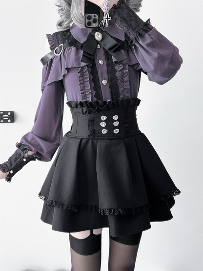 Purple Shoulder with Blouse: Dark Buckle Long Button Kei Heart Sleeve Jirai Front Cutout