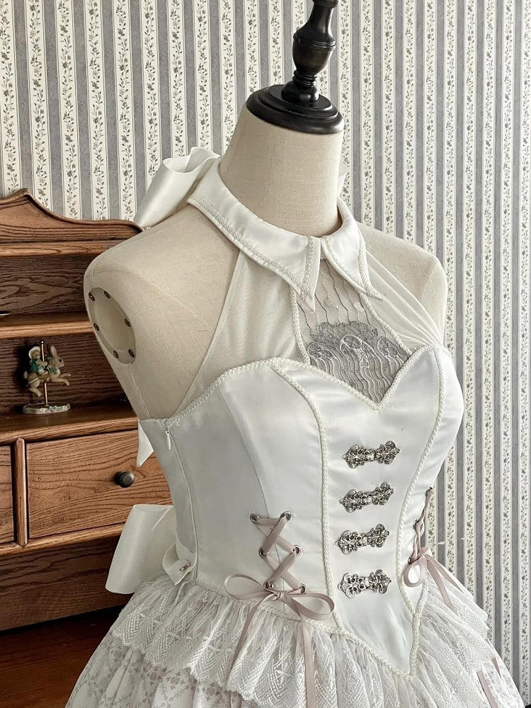 Window Halter White Gothic Lolita Neck Print Stained Jumper Church Skirt