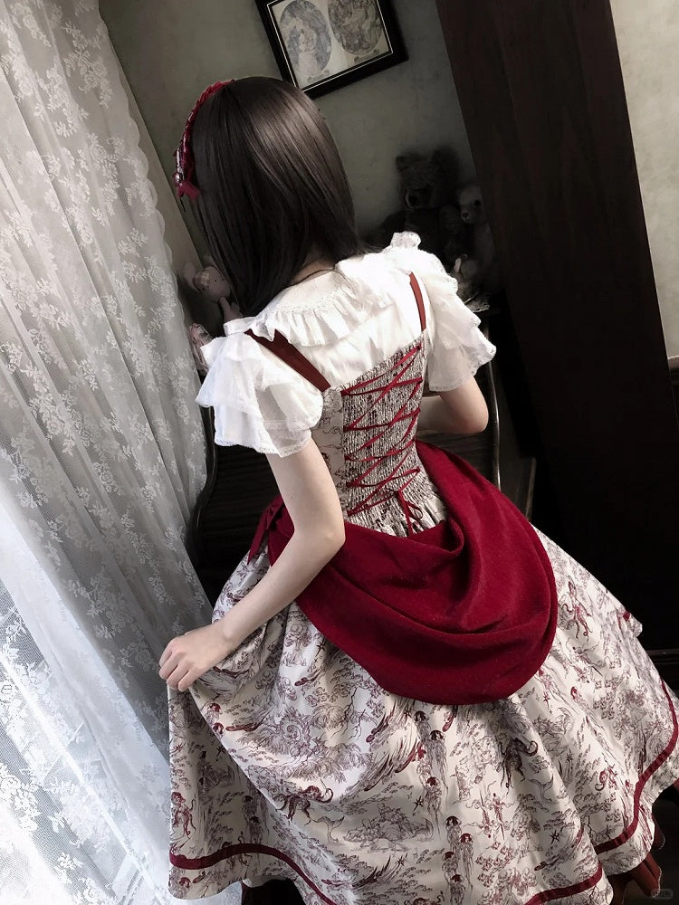 Animals and Bodice Elegant Forest with Corset Print Lolita Dress Red