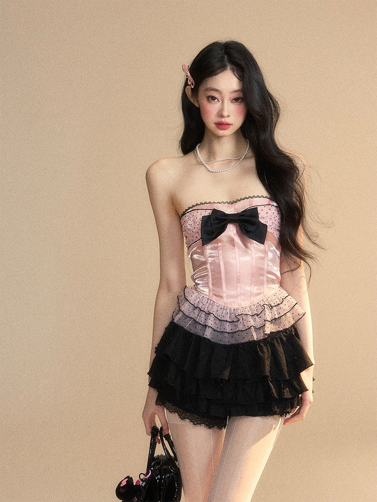 ストラップレストップパターン ピンク レイヤード レース メッシュ ビッグリボン フリル 水玉模様