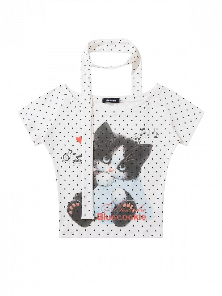Polka Dot Kitten Print Tee with Scarf - Languid Park