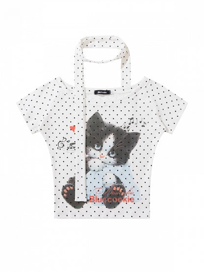 Polka Dot Kitten Print Tee with Scarf - Languid Park