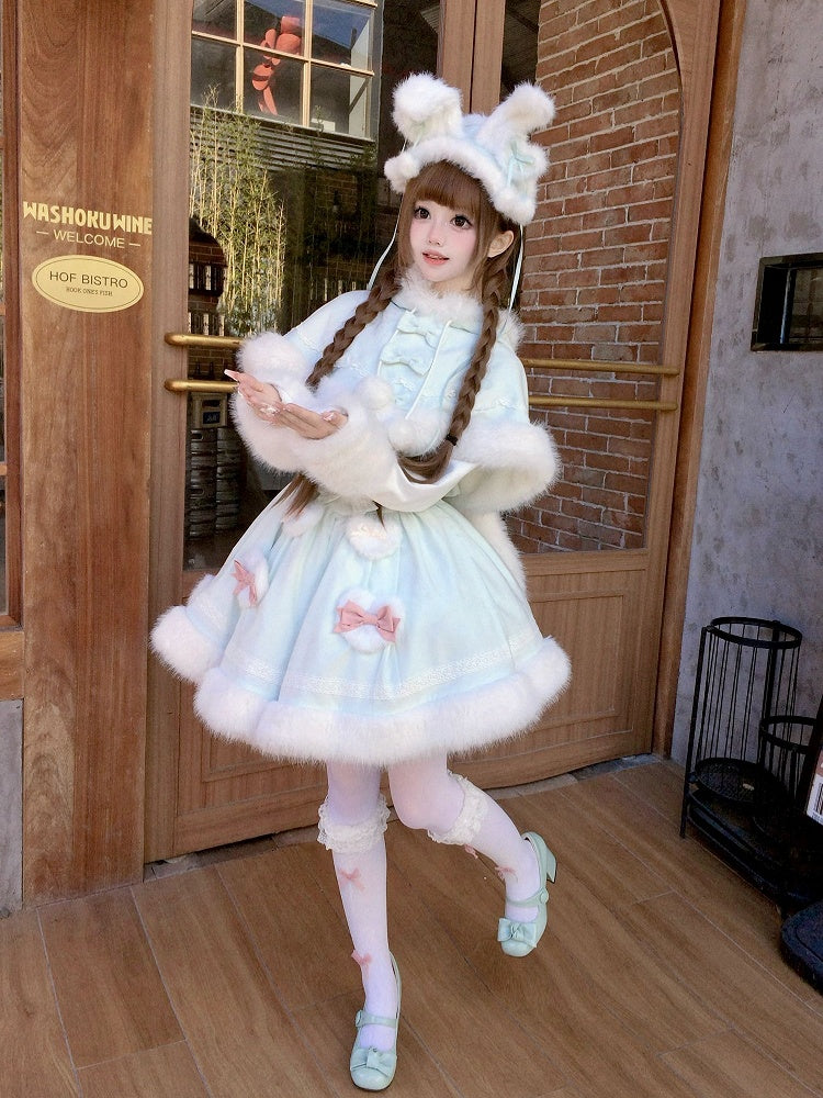 Lolita Sweet Hemline Plush Long OP Cuffs Dress Mint Fake Two-pieces and Sleeves with Green Winter