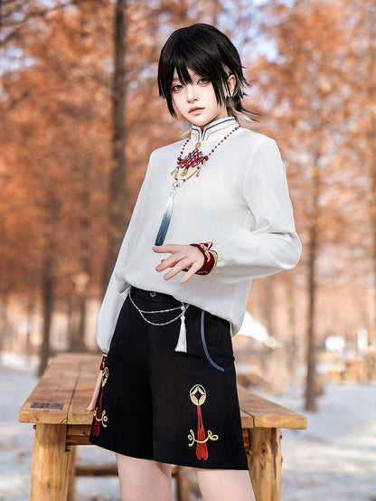 Ouji Fashion – Weißes Oberteil mit Stehkragen und chinesischen Knoten und langen Ärmeln