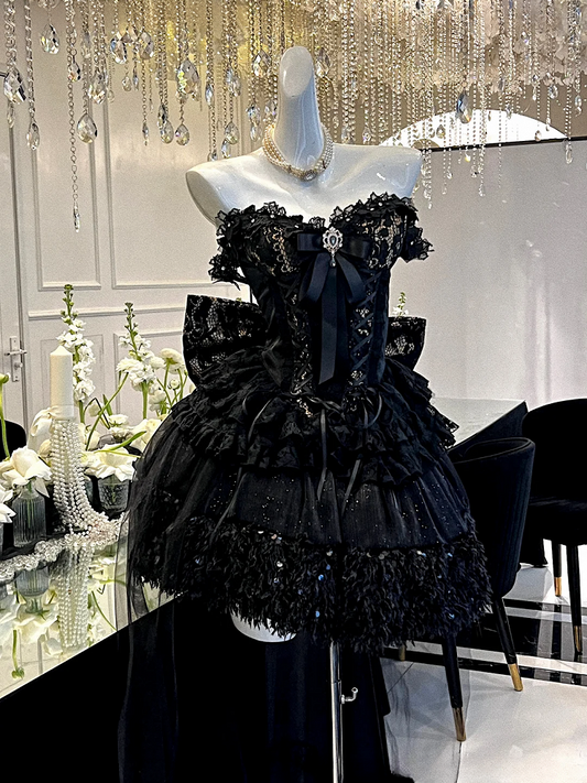 Black and Gold Strapless Sweetheart Neckline Corset Top + Shimmering Black Sequins Skirt