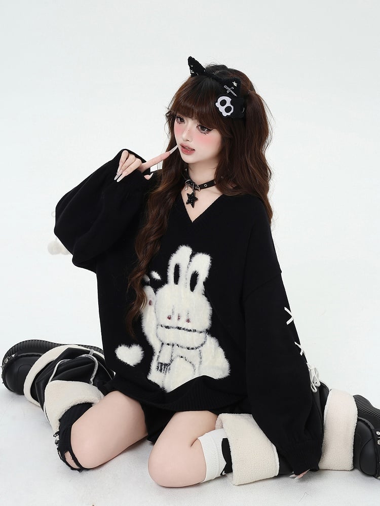 Black Cute Bunny V-neck Loose Sweater Lace-up Detail at Sleeves