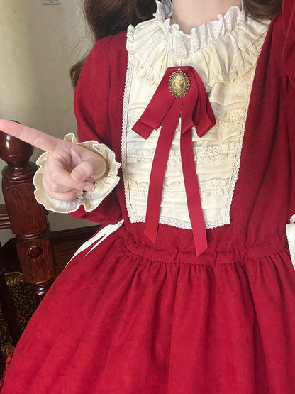Waist Drawstring Brooch Sleeves and Red Bow Beige Juliette Dress with Lolita Version Short