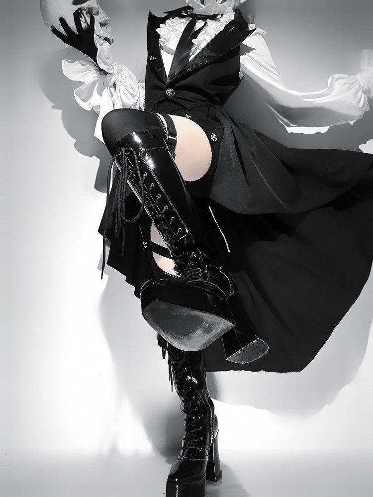 Stiefel Kniehoch Schnürung vorne Schwarz Blockabsatz Plateau Hochglanz Gothic