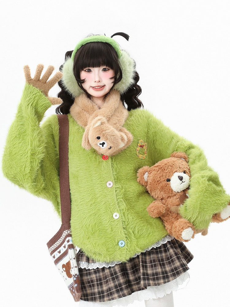 Buttons Colorful Daily V-neck Kawaii Green with Design Bunny Cardigan