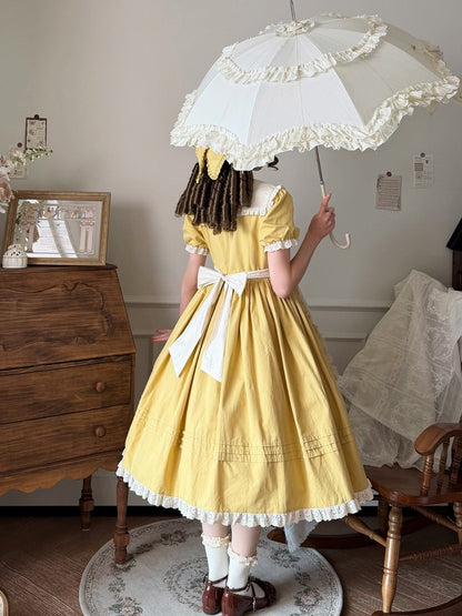 Yellow Floral Cotton OP Dress with Detachable Apron