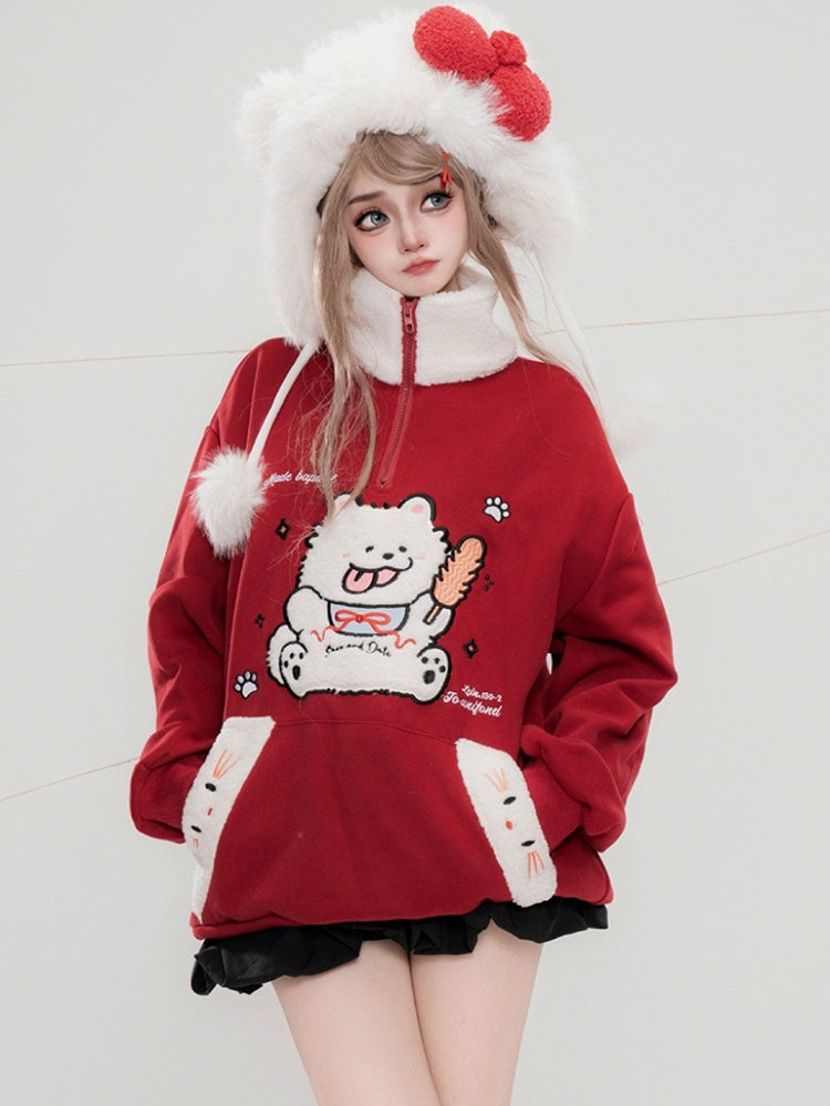 Red/Blue/Yellow Cute Plush Puppy Applique Polo Collar Sweatshirt