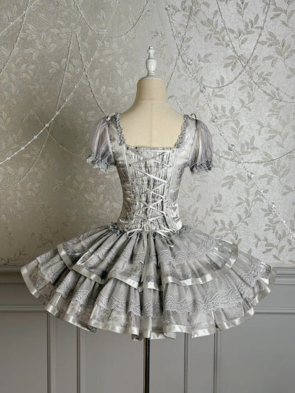 Silberne Ärmel Korsett Kitty Lolita Bunny Puff Grau und kurzes Kleid Print