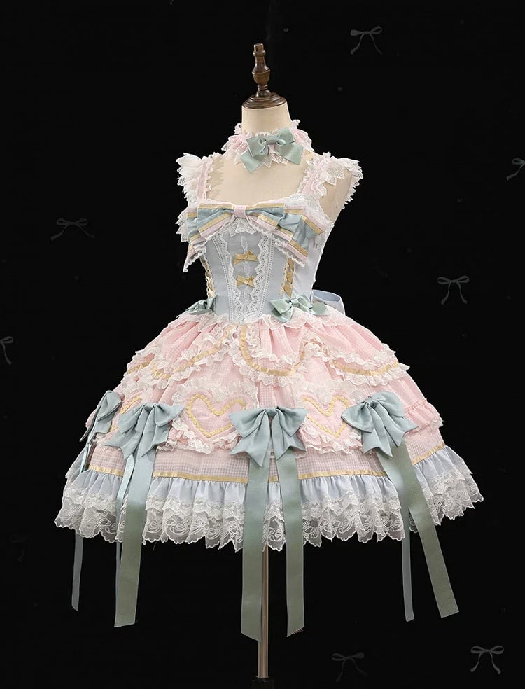 Mintgrünes Schleifen-Rosa und Blaues süßes Lolita-Korsettkleid mit Choker