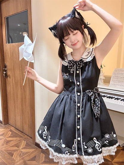 Design Ärmelloses Melodic Kitty Schwarzes Matrosenkragen-Keyboardkleid Zurück