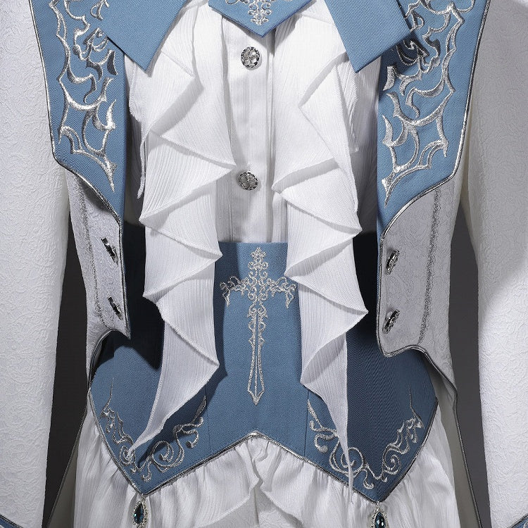 Belt+Pants Coat+Shirt+Corset Pieces Split-Tail Four Ouji Set-BlueWhite Lolita Prince