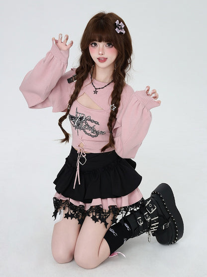 Crisscross with Pink Cropped Fitted Knit Tank Shrug Sweet Set: Lacing + Spicy