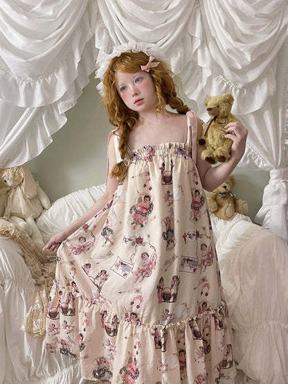 エンジェルプリントのフリル裾パジャマドレス