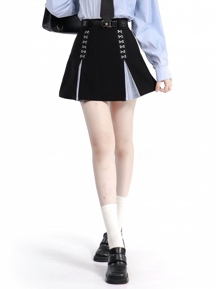 ブループリーツスカート ハイウエスト ブラックボックス