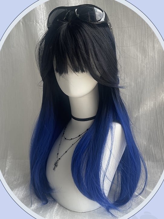 Schwarz-blaue Ombre-lange, glatte Kunsthaarperücke mit Pony