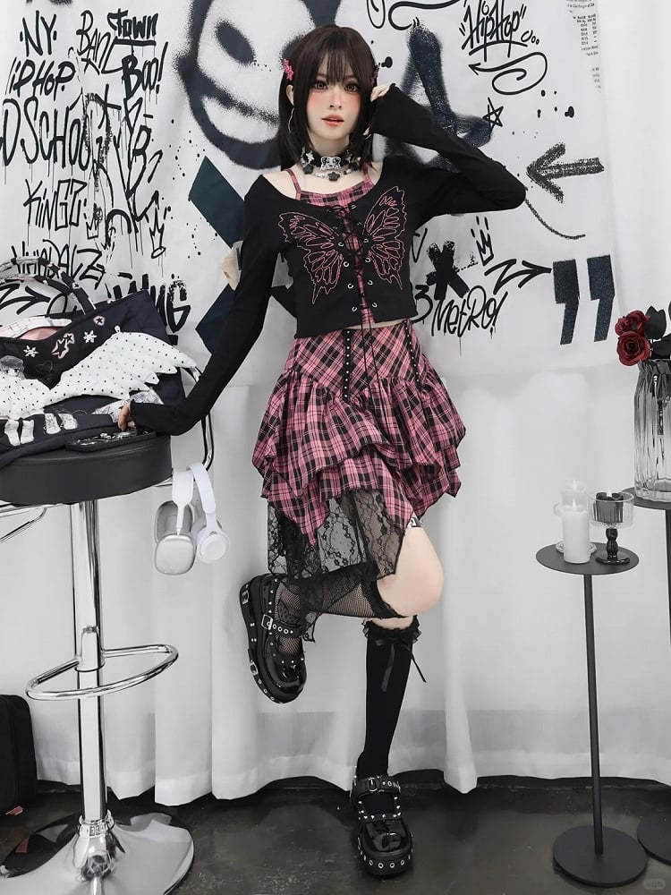 Top Faux Y2K Schnürung vorne Schmetterlingsdruck Schwarz Pink Plaid Zweiteiler und