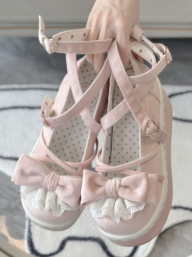 - Velvet Lolita Platforms Bow Pink Delicate Sweet Lace-Edged in