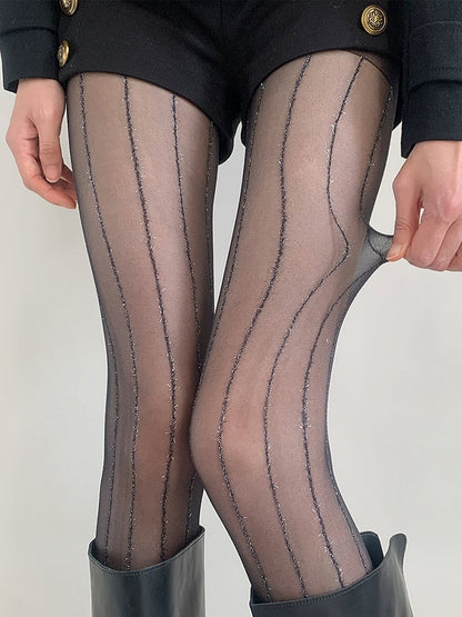 Sheer Glittering Stripe Thread Pantyhose Vertical Silver