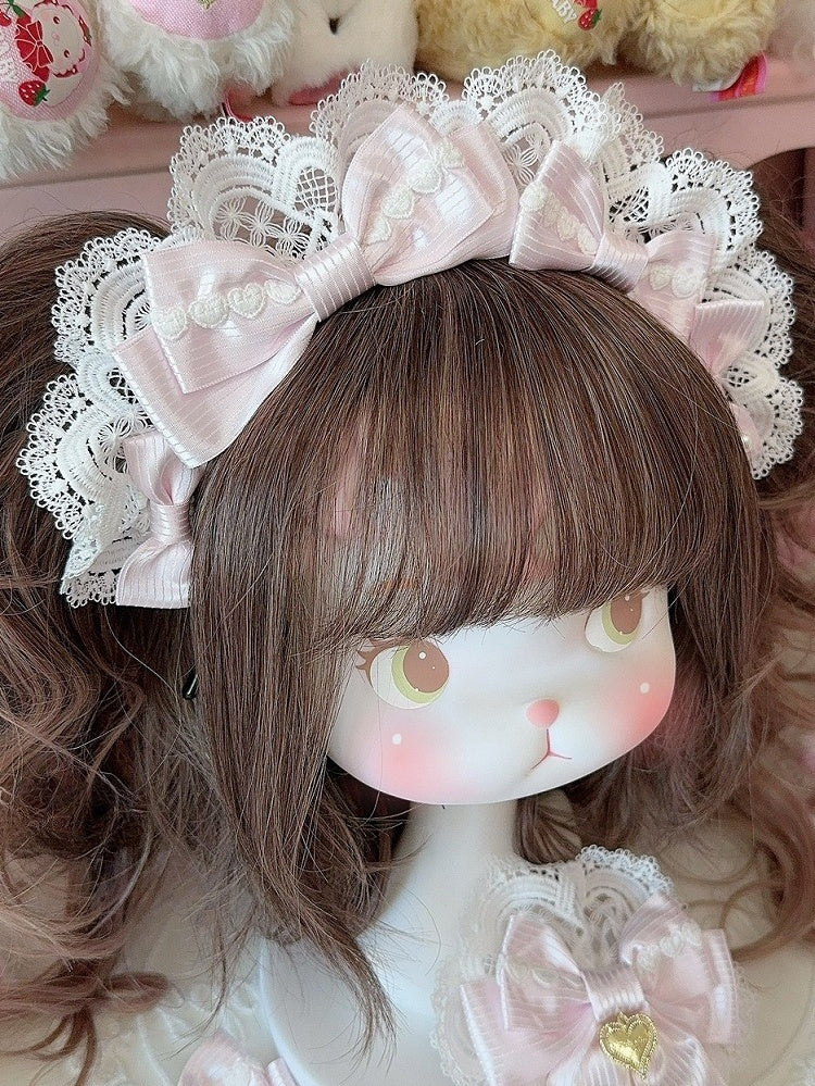 Details Pattern KC Heart Pink Lace Striped Trim Bowknot Decorated