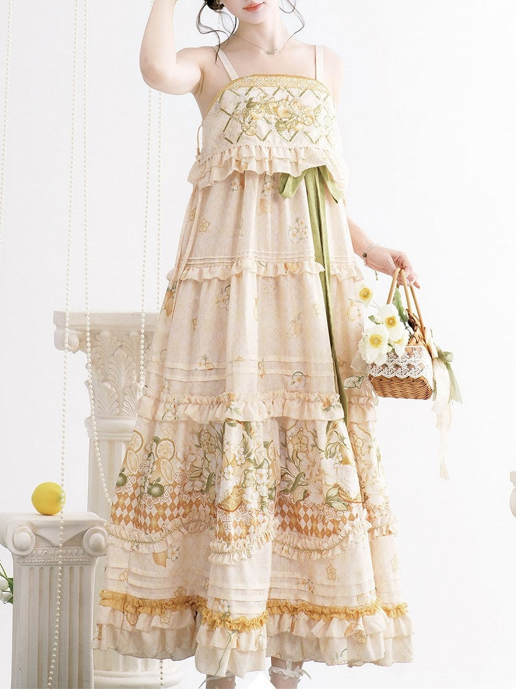 Lemon and Jasmine Theme Beige Embroidery Long Slip Dress with Hanfu Element Design - Luo Xiu Dong Xiang