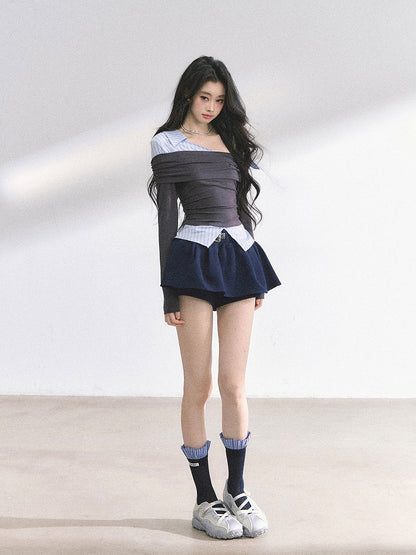 グレーとブルーのストライプ柄のツーピース、アシンメトリーネックラインのフェイクトップス