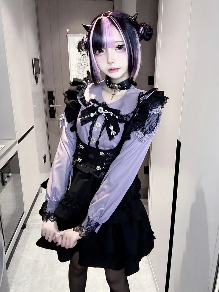 Jirai Kei Two-Piece Set: Purple Blouse with Heart Rhinestone Buttons & Black High-Waist Tiered Suspender Skirt
