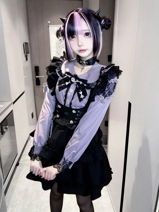 Jirai Kei Two-Piece Set: Purple Blouse with Heart Rhinestone Buttons & Black High-Waist Tiered Suspender Skirt