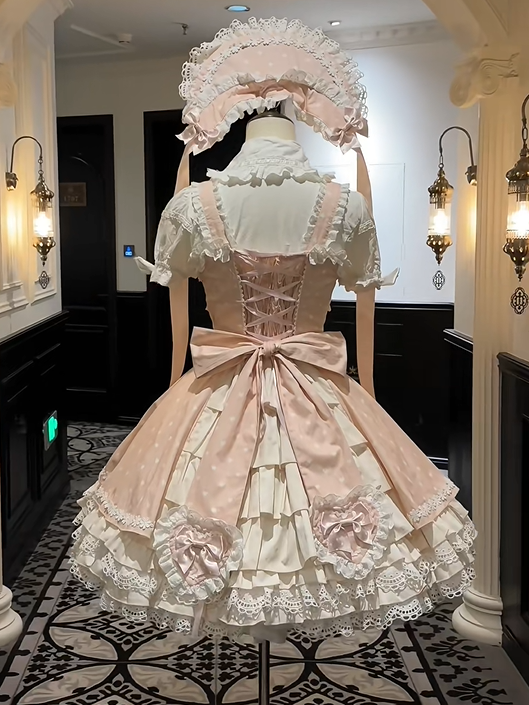 Lolita Light White and Bows Dress Sweet Motifs Lace-Trimmed with Pink Heart