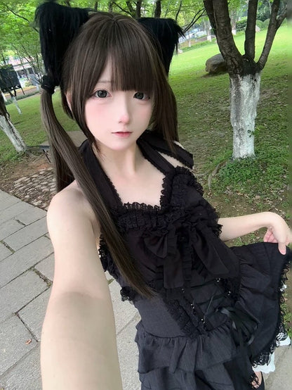 Dress Lace Black Hem - Plaid Dark Multi-Layer Neck Halter Doll Front and Lace-Up