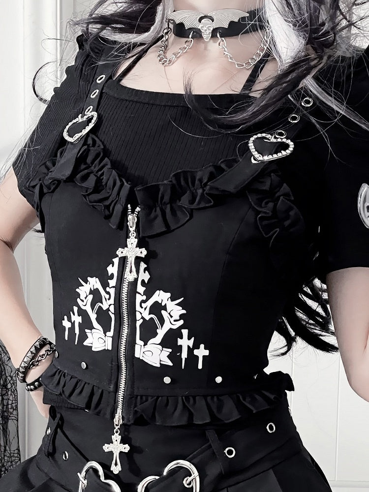 Black Ruffled Studded Vest with Cross Zip & Heart Straps