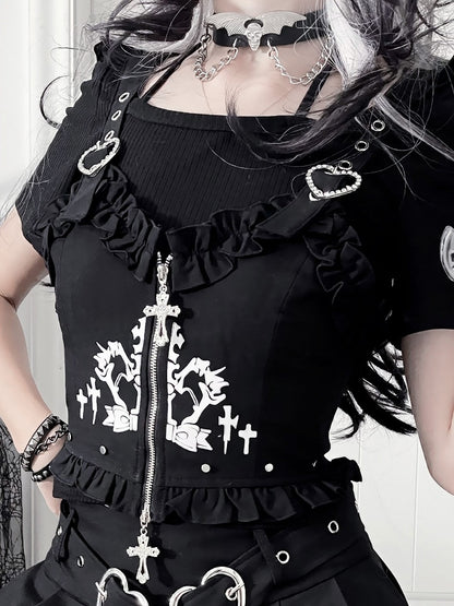 Black Ruffled Studded Vest with Cross Zip & Heart Straps