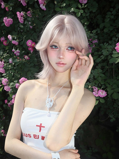 Length Bangs Wig With Short Curtain 35CM Light Pink
