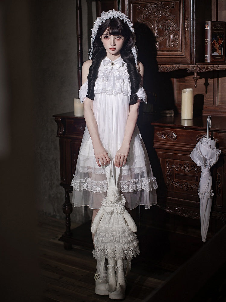 White Landmine Style Cutout Shoulder Dress with Sheer Overlay, Lace and Bow Tie - Ekomi