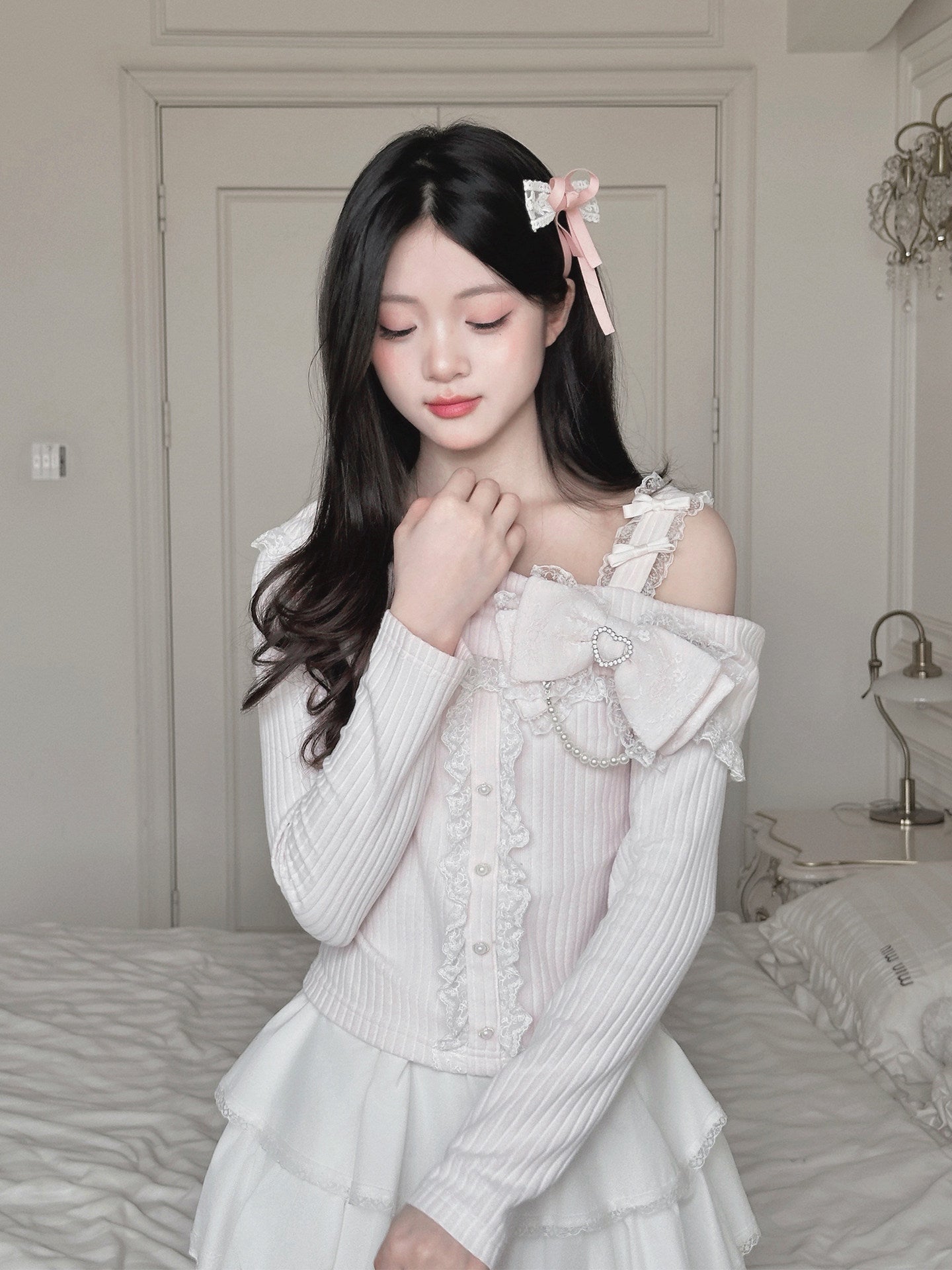 Pink Cutout Design Lace-up Knit Top
