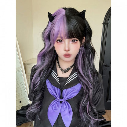 LilaSchwarz mit Perücke 74CM Pony Länge gewellte Air Split Farbe