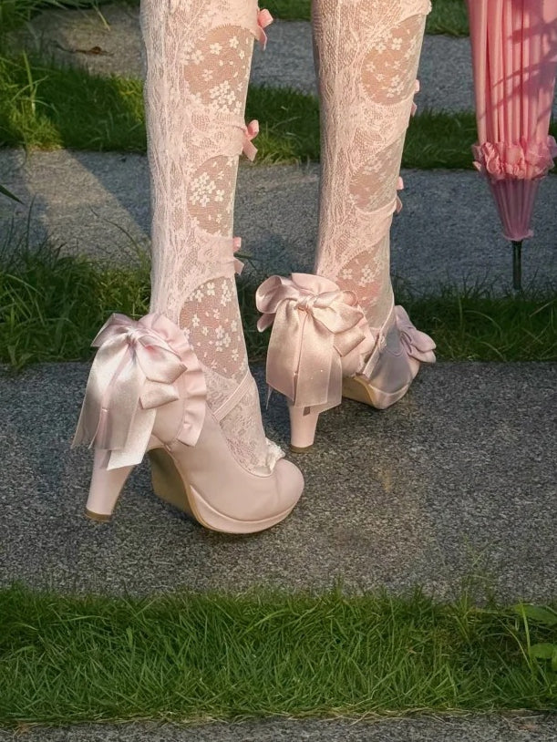 Trim Mary Toe Top Bow Pointed Pink High Lolita - Ruffles Heel at Janes Hime