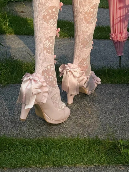 Trim Mary Toe Top Bow Pointed Pink High Lolita - Ruffles Heel at Janes Hime