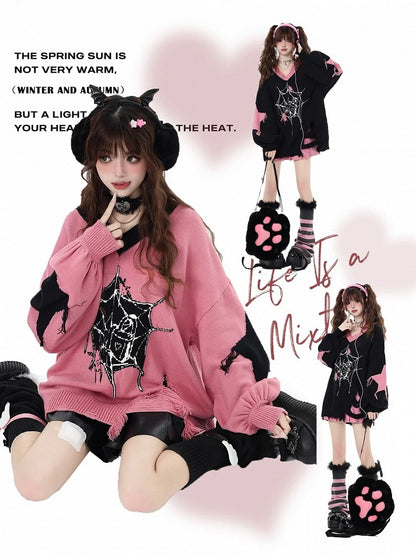Web Spider Holes Pattern Sweater Hem Distressed Pink