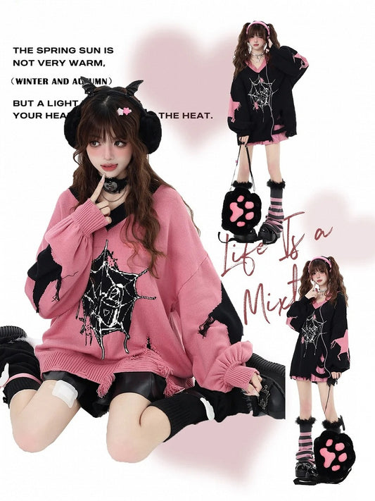 Web Spider Holes Pattern Sweater Hem Distressed Pink