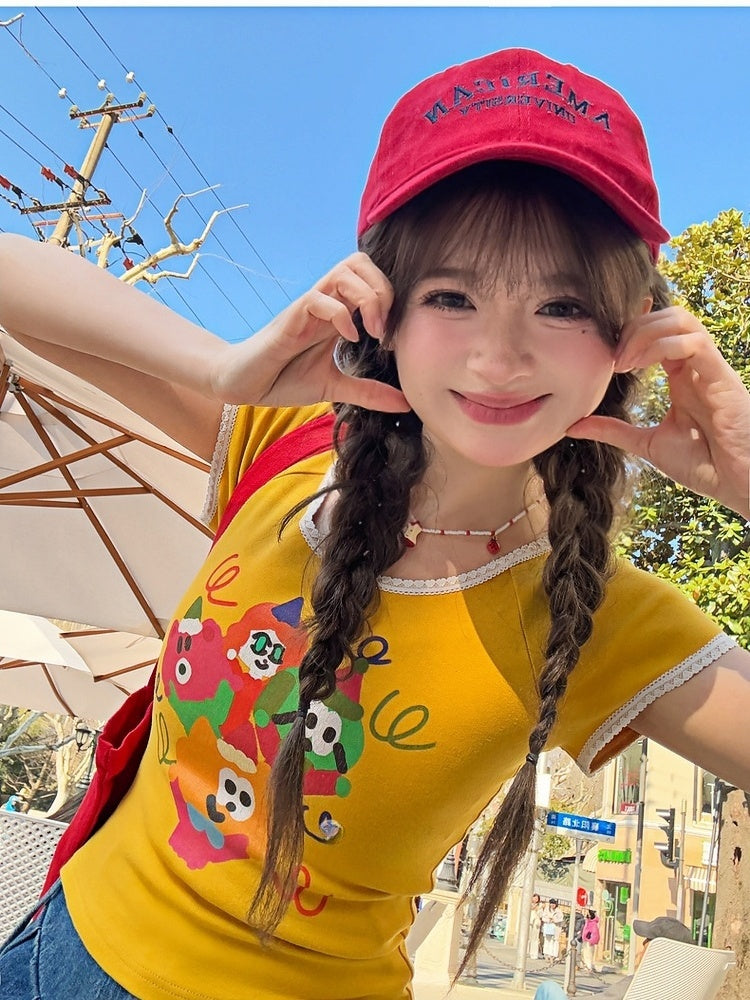 漫画プリントTシャツ ネックジンジャーレーストリムラウンド