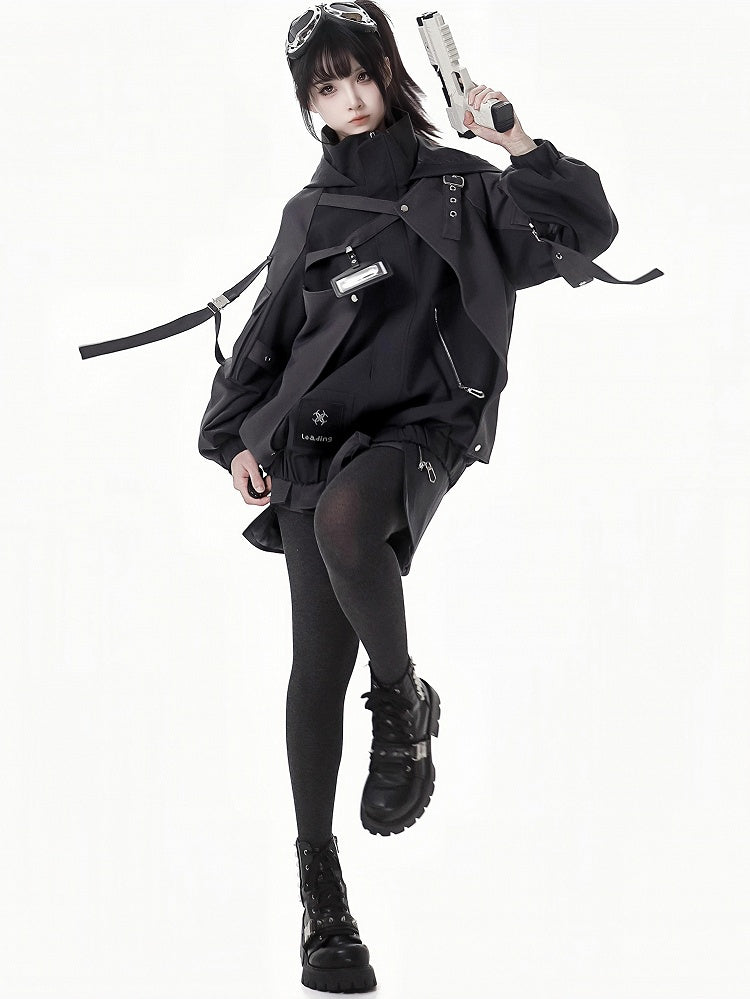 ブラックバックルストラップ、伸縮性のある袖口、ウエストフード付きジャケット、ショート/ロングバージョン