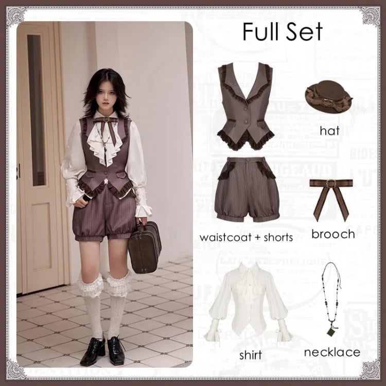 Braunes elegantes Ouji Lolita-Set Weste + Shorts + Hemd + Minihut + Brosche + Halskette