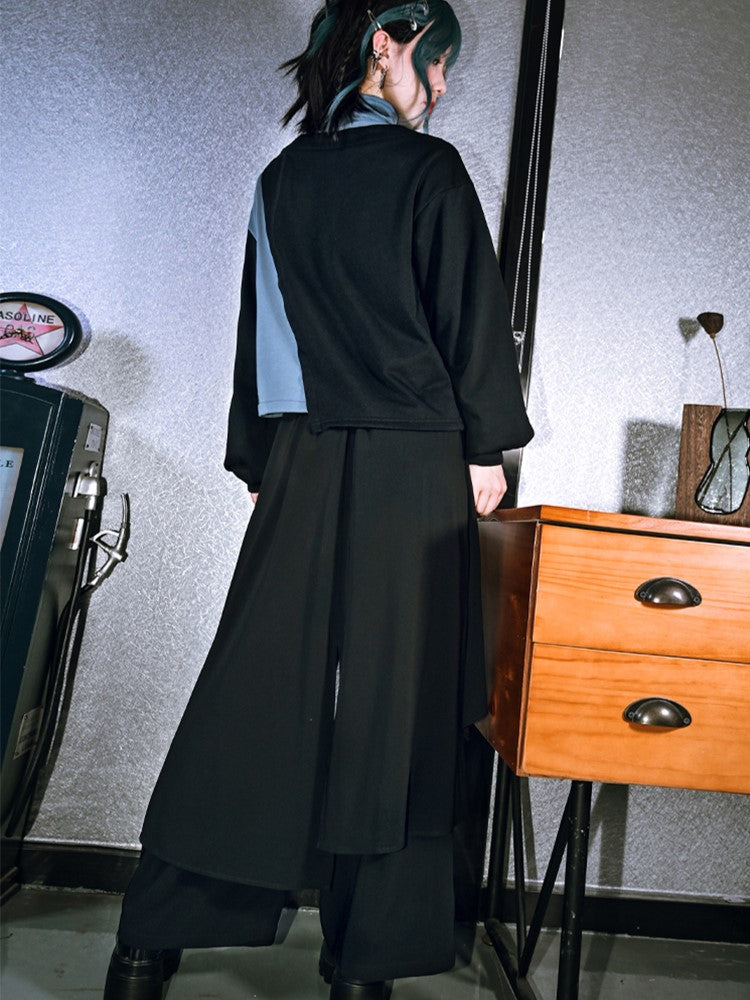 Gothic Black Wide-Leg Trousers with Asymmetrical Layers & Detachable Jellyfish Embroidered Ribbon - Quirky Hut